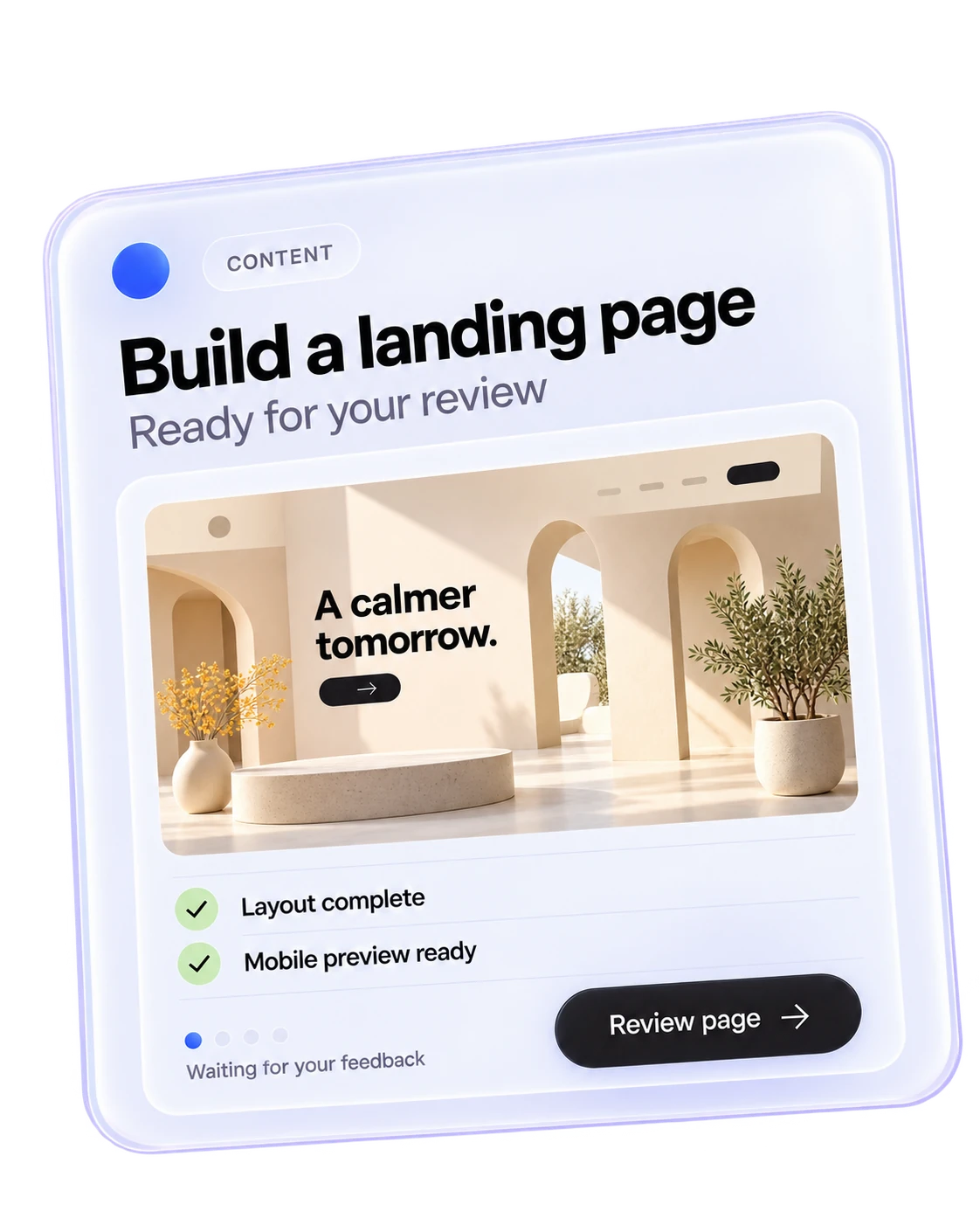Illustrative work card: Build a landing page, ready for your review